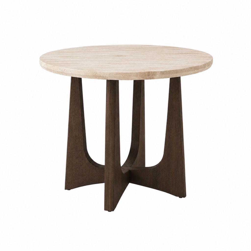 Table basse ronde beige et marron en travertin et MDF plaqué chêne Ø80 x H45 cm