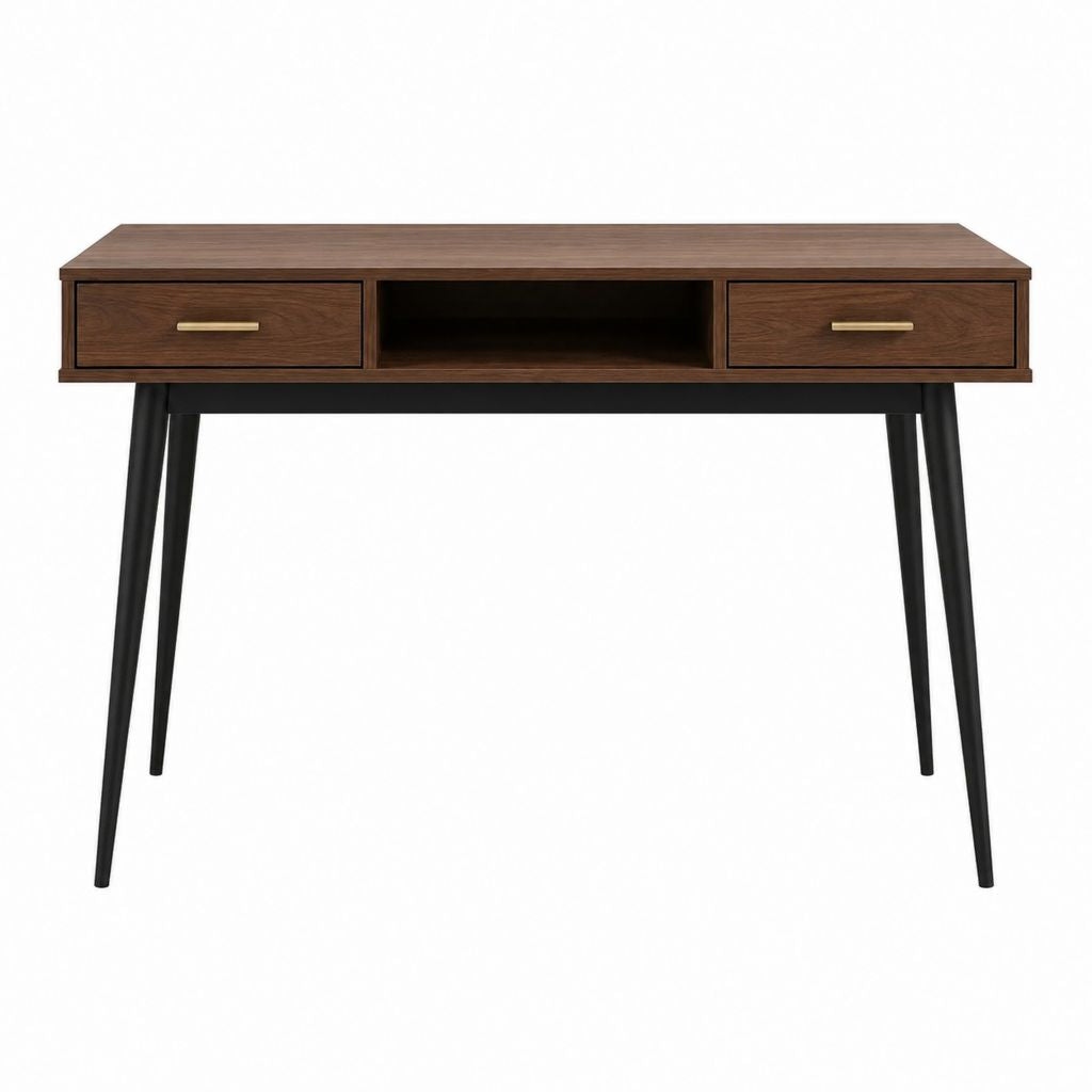 Bureau droit 120 x 60 x 75 cm brun noyer en MDF avec 2 tiroirs et piètement en acier noir