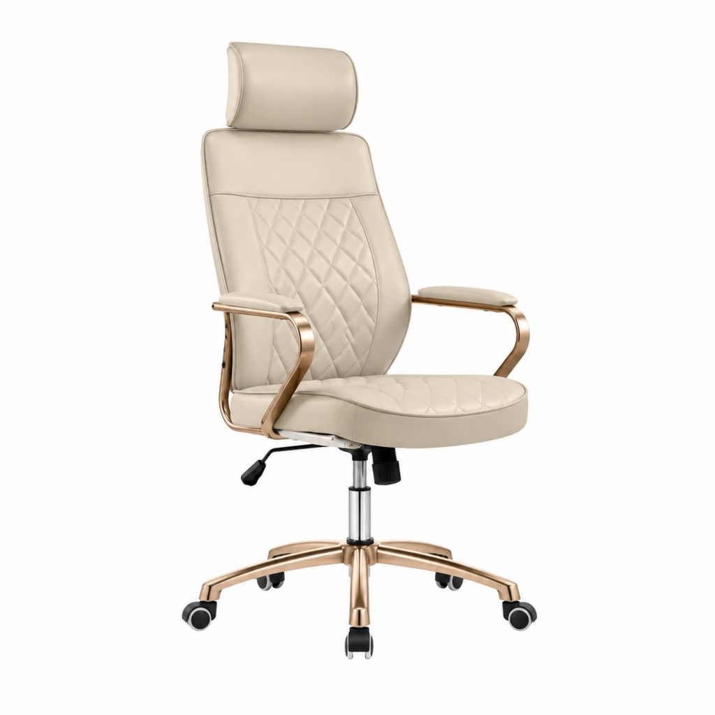 Chaise de bureau ergonomique beige en cuir PU avec appui-tête 65 x 65 x 118-128 cm