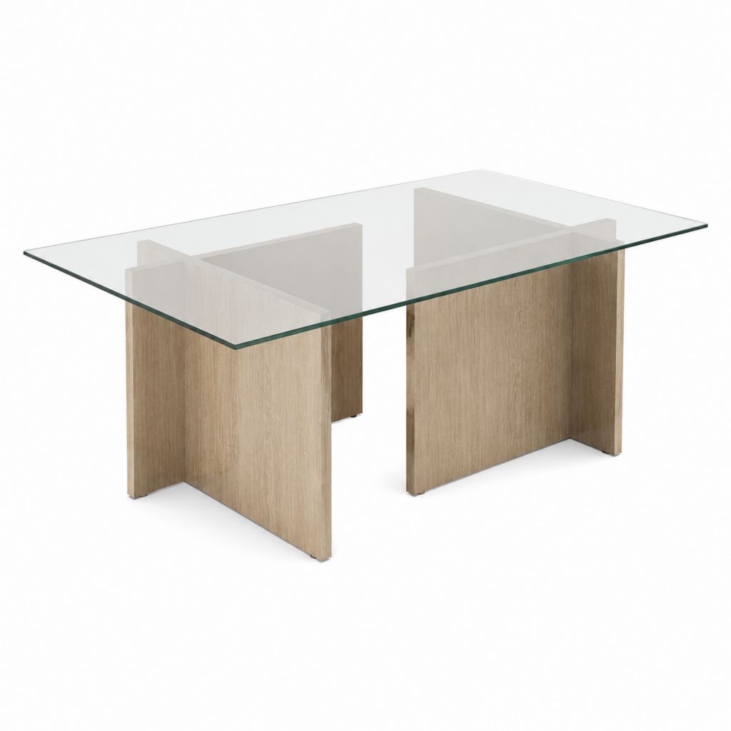 Table basse rectangulaire en verre trempé transparent et MDF décor chêne clair 120 x 60 x 45 cm