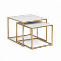 Lot de 2 tables basses gigognes carrées blanc et doré en verre trempé et acier inoxydable 80 x 80 x 45 cm et 60 x 60 x 38 cm