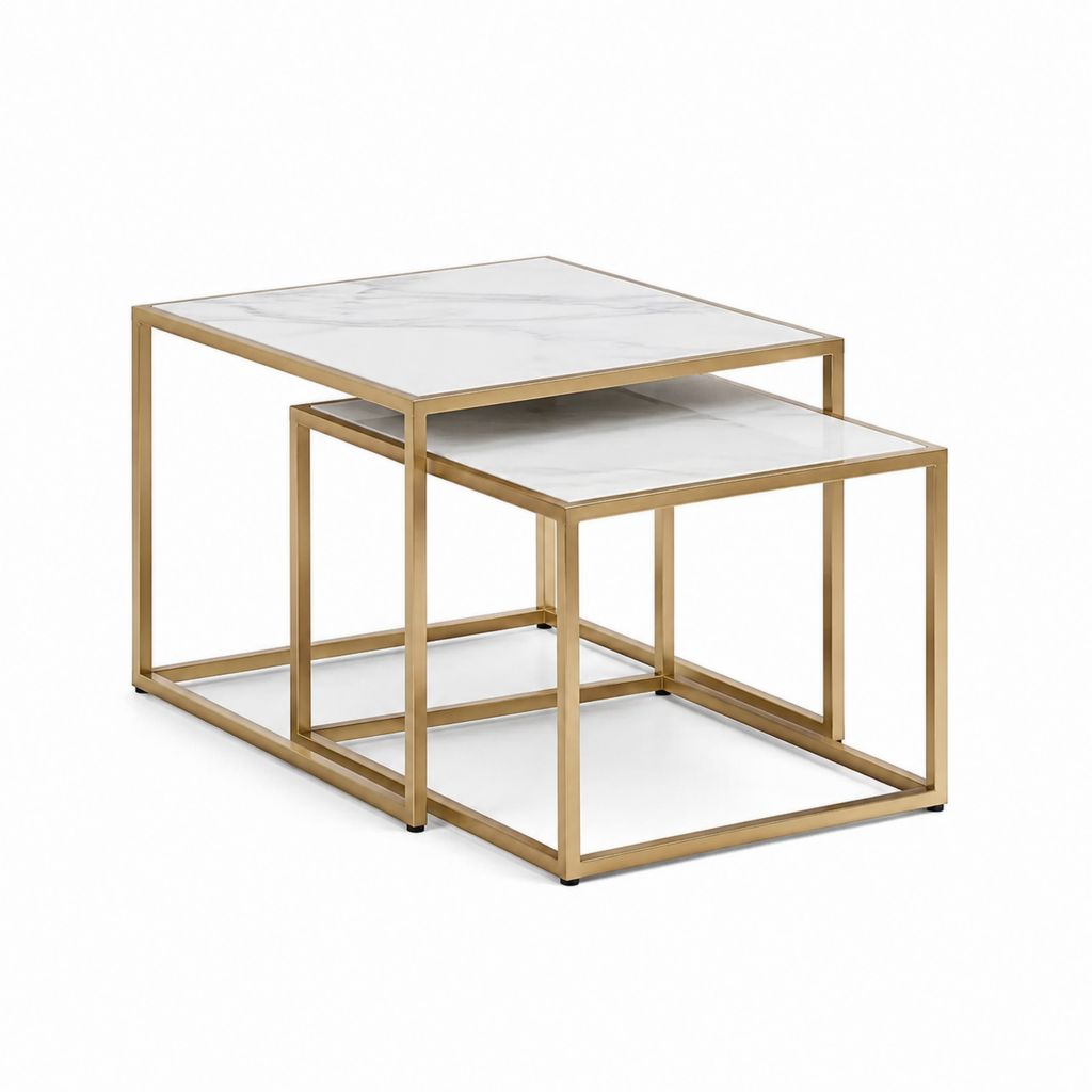 Lot de 2 tables basses gigognes carrées blanc et doré en verre trempé et acier inoxydable 80 x 80 x 45 cm et 60 x 60 x 38 cm
