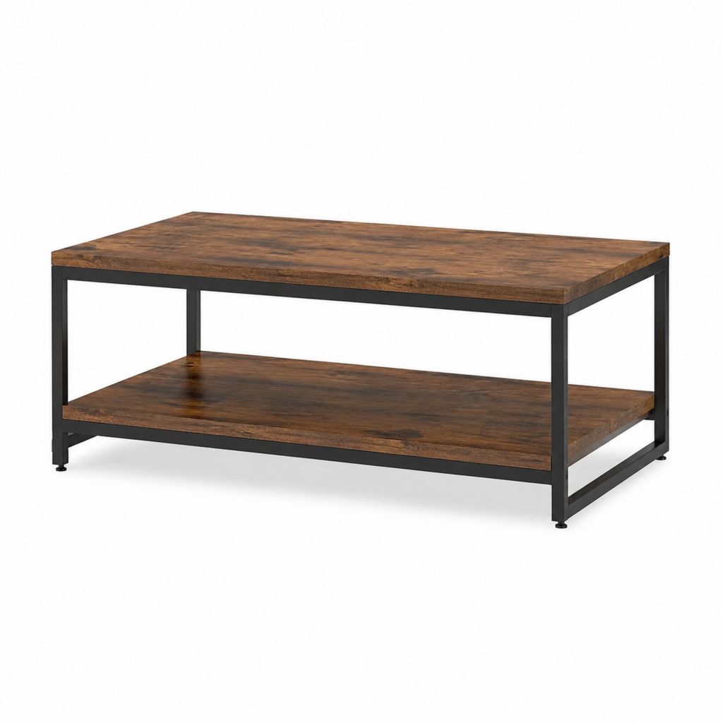 Table basse rectangulaire marron et noir en panneaux de particules et acier 100 x 60 x 45 cm