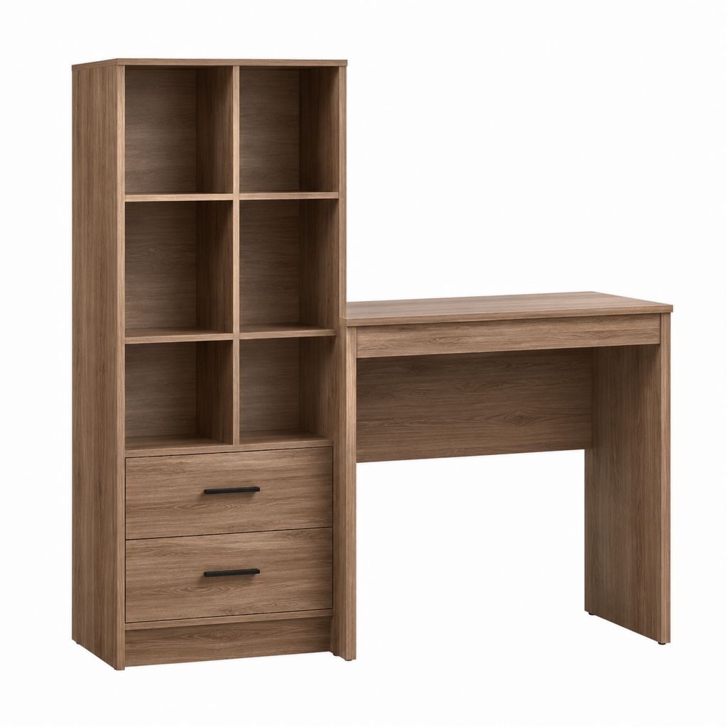 Bureau avec bibliothèque et 2 tiroirs brun noyer en panneaux de particules 130 x 50 x 180 cm