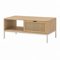 Table basse rectangulaire avec rangement chêne clair MDF et rotin 100 x 50 x 45 cm