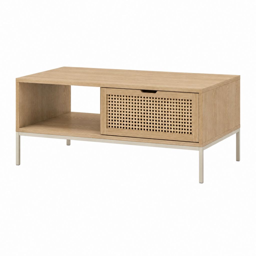 Table basse rectangulaire avec rangement chêne clair MDF et rotin 100 x 50 x 45 cm