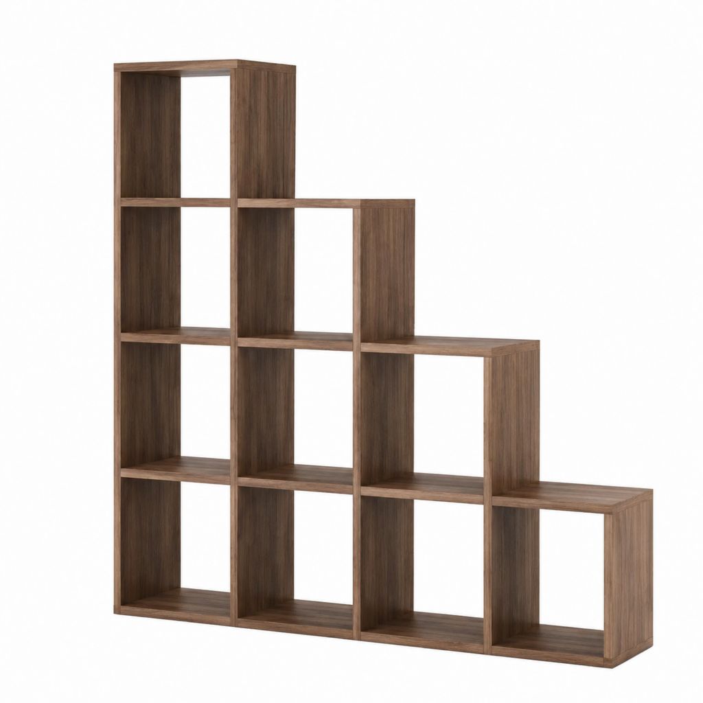 Bibliothèque escalier 10 cases brun noyer en panneaux MDF 145 x 145 x 29 cm