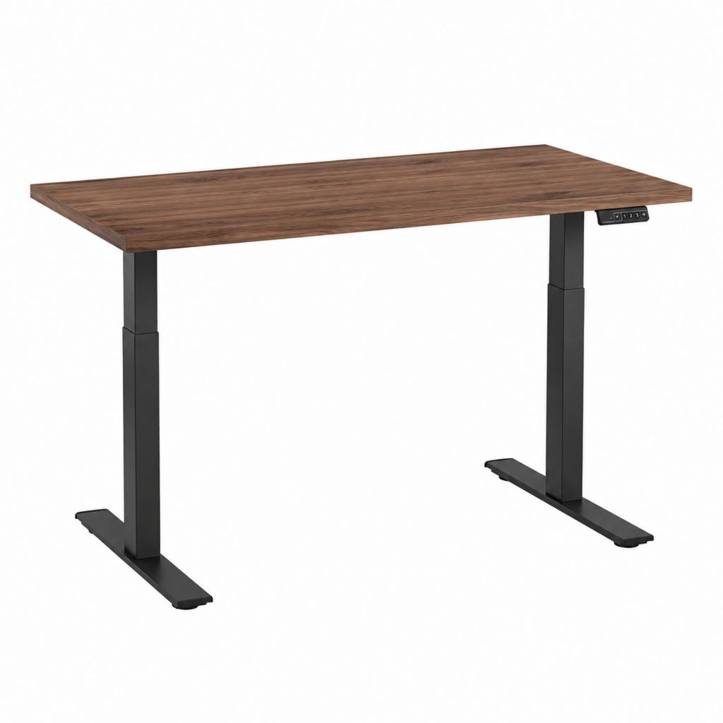 Bureau électrique assis-debout rectangulaire noyer et noir en panneau de particules et acier 140 x 70 cm