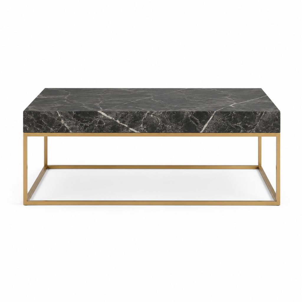Table basse rectangulaire noire et dorée plateau MDF aspect marbre cadre acier 120 x 60 x 45 cm