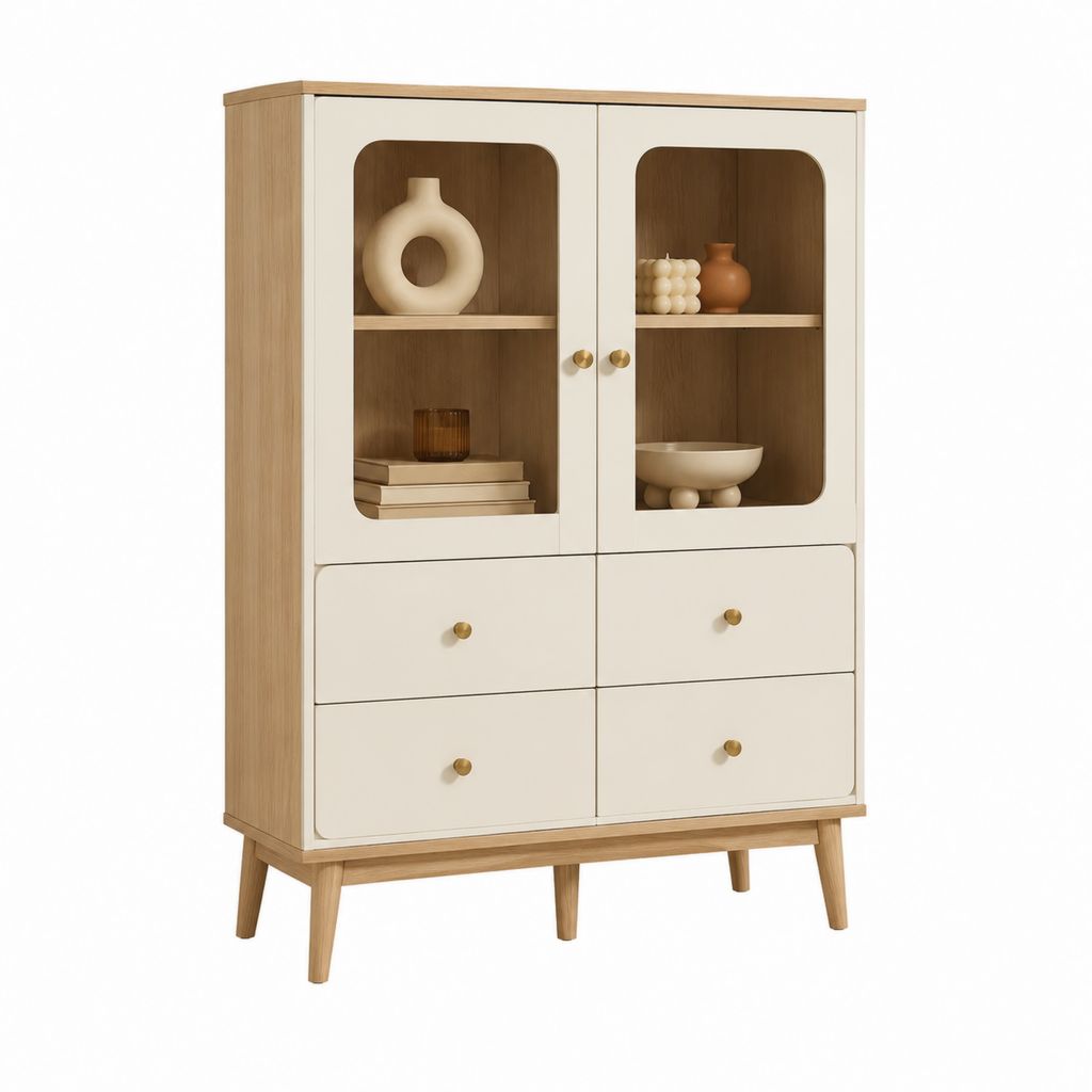 Vitrine de salon rectangulaire beige et chêne en panneaux MDF 90 x 40 x 150 cm avec 2 portes vitrées et 4 tiroirs