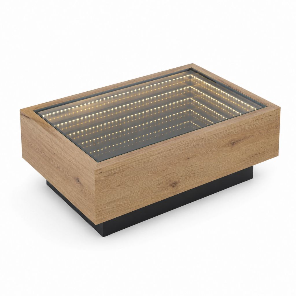 Table basse rectangulaire chêne et verre miroir avec éclairage LED 110 x 60 x 42 cm